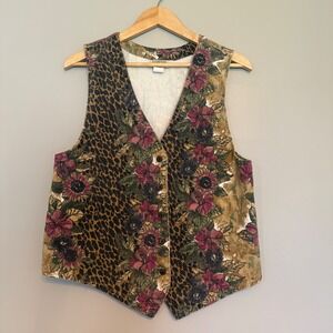 VTG Stampede Vintage Leopard Floral Denim Vest Womens Medium Made in USA Western
